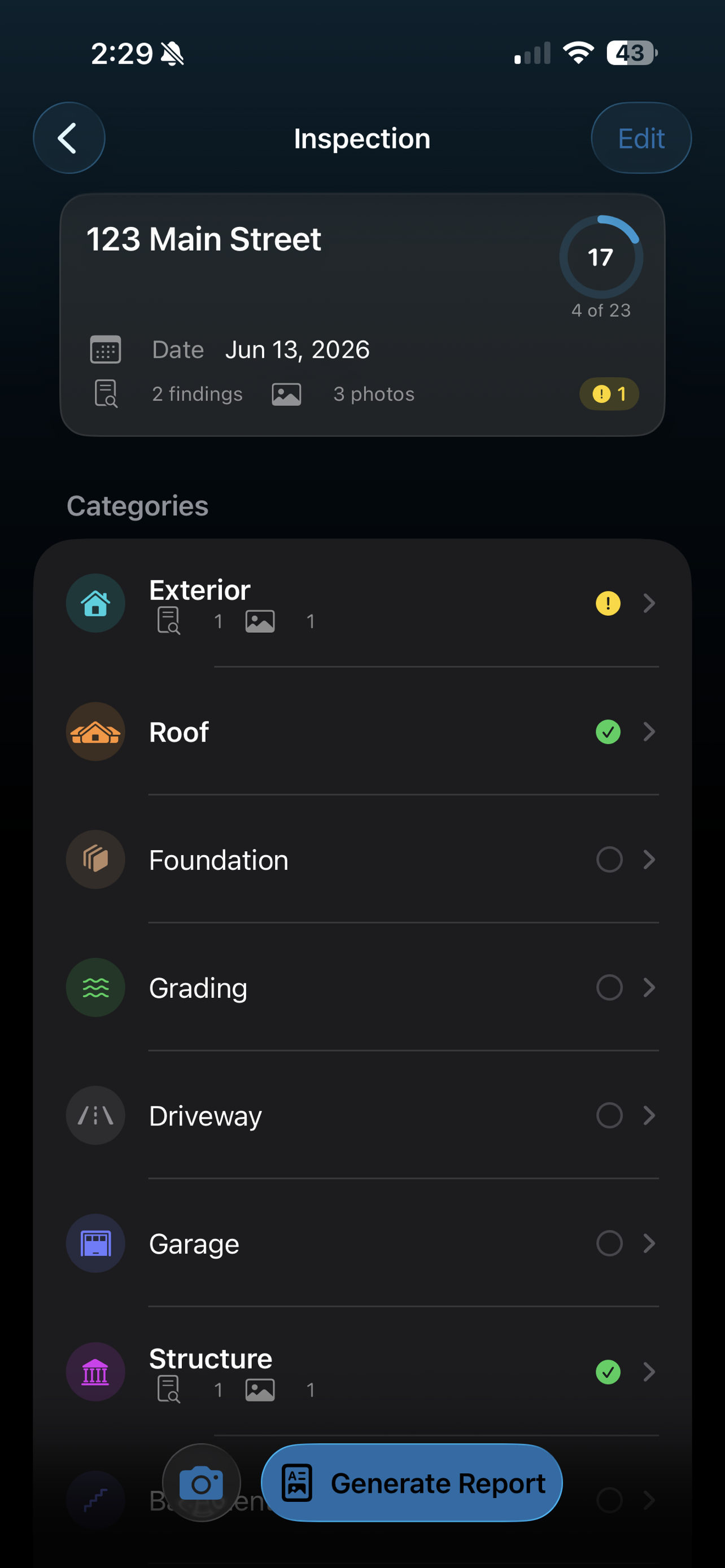 Inspection categories with progress