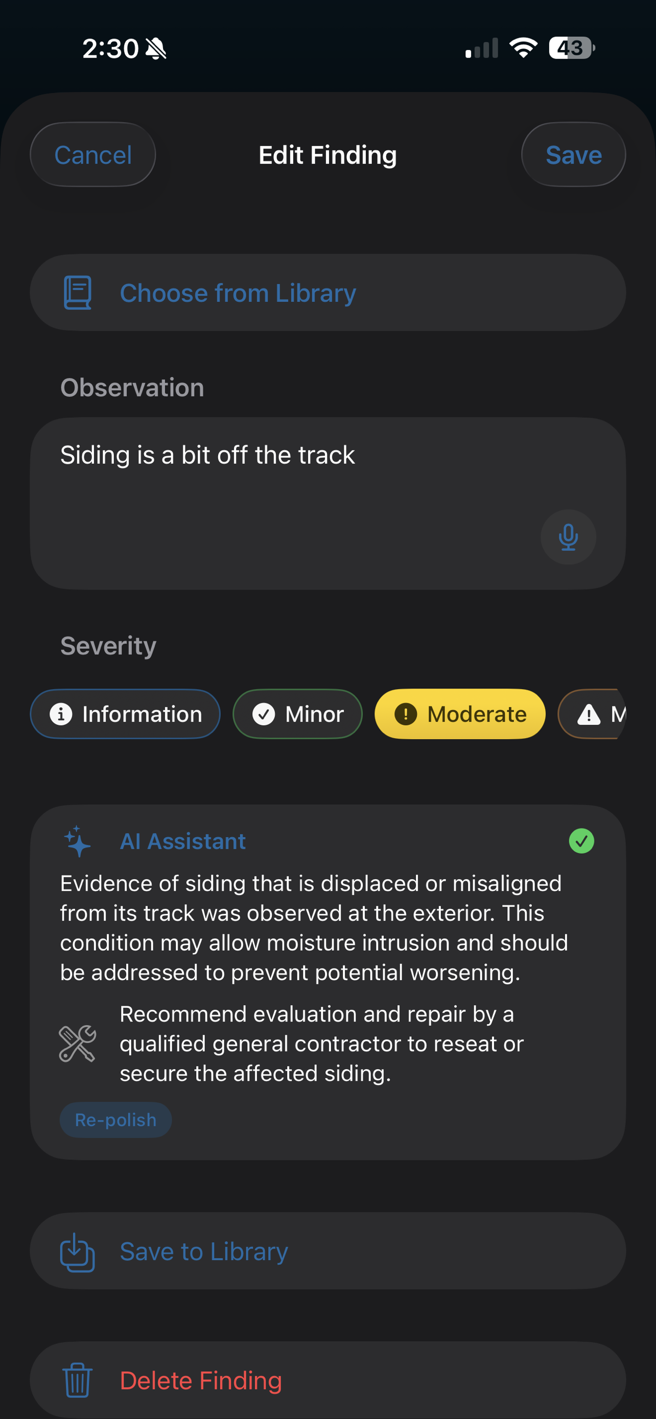 AI-polished finding in the SnapInspect app